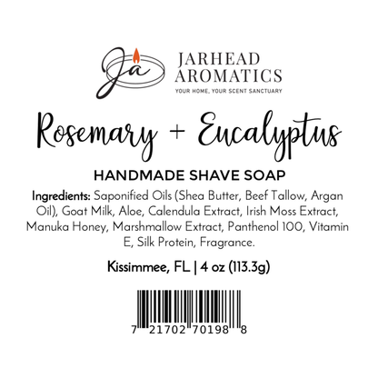 Label for Rosemary + Eucalyptus Handmade Shave Soap | Natural Tallow & Goat Milk by Jarhead Aromatics. Includes ingredients, Kissimmee, FL address, barcode below. Artisan shave soap label with black text on white background.