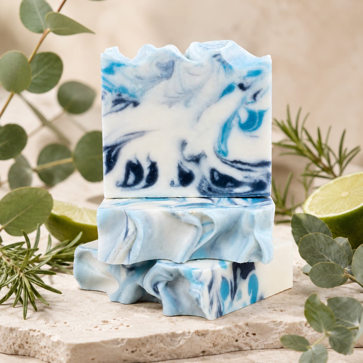 Two Rosemary + Eucalyptus Handmade Coconut Milk Artisan Soap bars by Jarhead Aromatics are stacked on a stone surface, surrounded by eucalyptus leaves, rosemary, and lime slices.