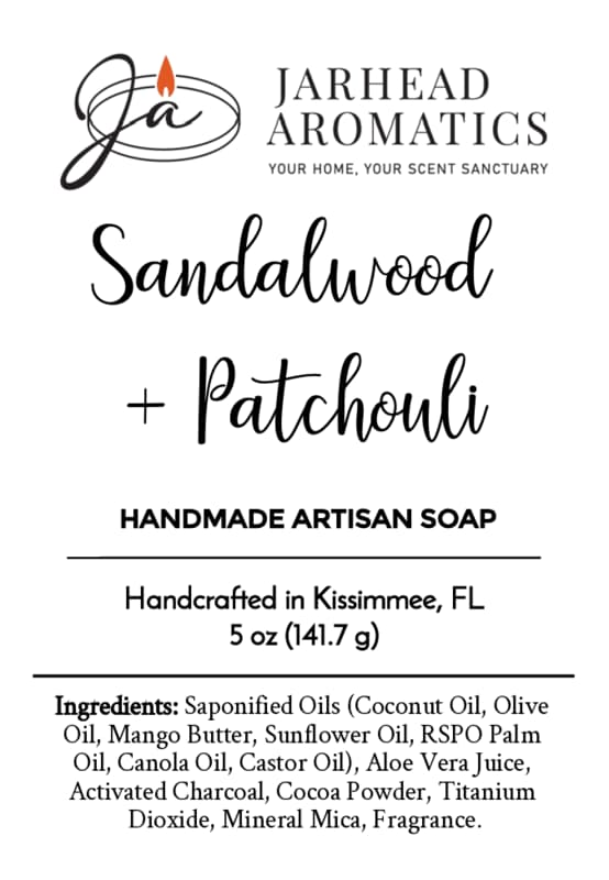 Label for Jarhead Aromatics Sandalwood + Patchouli Handmade Artisan Soap | Earthy Woodsy Charcoal Soap, crafted with our signature blend of natural ingredients and enhanced with activated charcoal. This artisanal soap is meticulously handcrafted in Kissimmee, FL, and weighs 5 oz (141.7g).