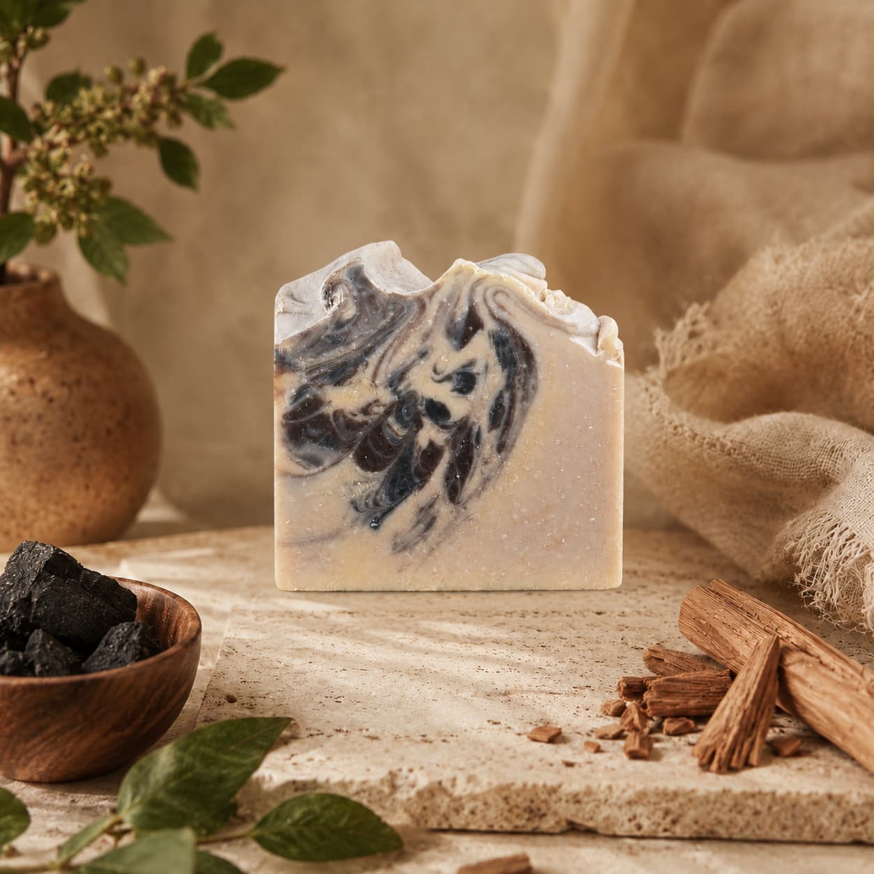 A bar of Jarhead Aromatics’ Sandalwood + Patchouli Handmade Artisan Soap, with striking black and cream swirls, rests on a stone surface amidst pieces of charcoal, cinnamon sticks, leaves, and a ceramic vase filled with greenery. This earthy woodsy charcoal soap offers a luxurious bathing experience with its unique blend of sandalwood and patchouli notes.
