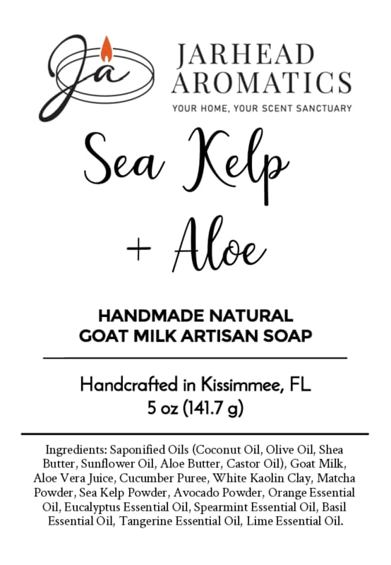 Product label for Sea Kelp + Aloe Handmade Natural Goat Milk Artisan Soap | Cooling Mint & Marine Botanical Soap by Jarhead Aromatics, listing ingredients, handcrafted in Kissimmee, FL, net weight 5 oz; features the brand logo and description—perfectly blending nourishing sea kelp and aloe with cooling mint and gentle, moisturizing goat milk.