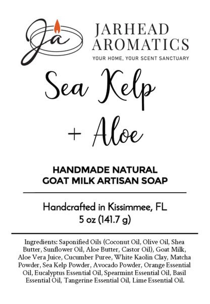 Product label for Sea Kelp + Aloe Handmade Natural Goat Milk Artisan Soap | Cooling Mint & Marine Botanical Soap by Jarhead Aromatics, listing ingredients, handcrafted in Kissimmee, FL, net weight 5 oz; features the brand logo and description—perfectly blending nourishing sea kelp and aloe with cooling mint and gentle, moisturizing goat milk.