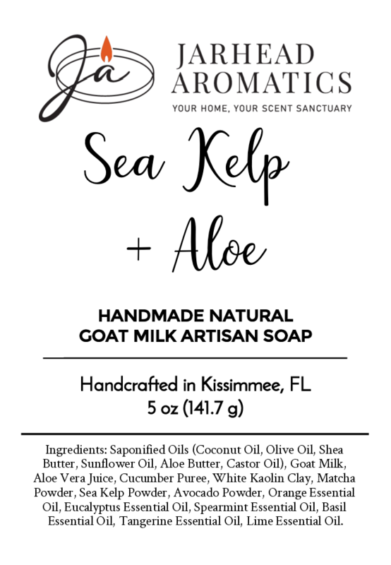Label for Jarhead Aromatics Sea Kelp + Aloe Handmade Natural Goat Milk Artisan Soap, 5 oz. Includes brand logo at top, full ingredients list, and states it’s handcrafted in Kissimmee, FL as a natural artisan soap.