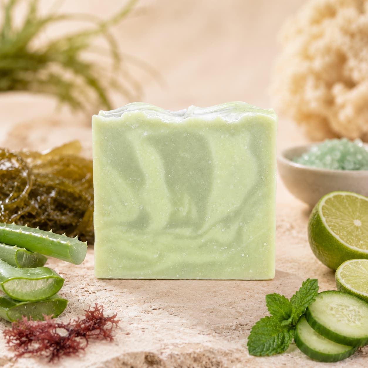 A bar of Jarhead Aromatics’ Sea Kelp + Aloe Handmade Natural Goat Milk Artisan Soap—featuring cooling mint and marine botanicals—stands upright on a beige surface, surrounded by slices of cucumber, aloe vera, lime, mint leaves, seaweed, and sea salt against a softly blurred natural background.