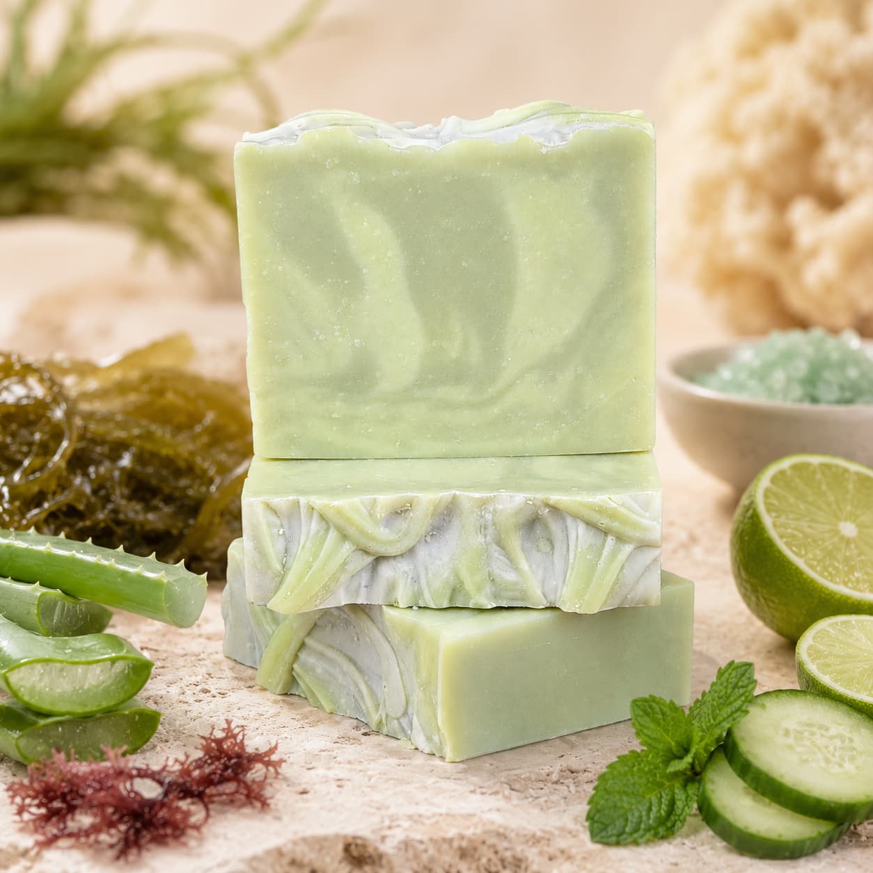 Three green bars of Jarhead Aromatics Sea Kelp + Aloe Handmade Natural Goat Milk Artisan Soap, with a marbled texture and fresh, clean appearance, are stacked on a beige surface. Surrounding them are natural ingredients like aloe, lime, mint, seaweed, and a sponge.