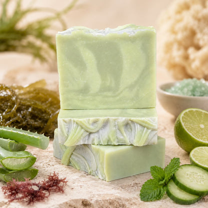 Three green bars of Jarhead Aromatics Sea Kelp + Aloe Handmade Natural Goat Milk Artisan Soap, with a marbled texture and fresh, clean appearance, are stacked on a beige surface. Surrounding them are natural ingredients like aloe, lime, mint, seaweed, and a sponge.