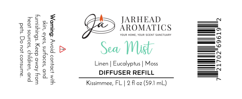 Jarhead Aromatics Sea Mist Diffuser Refill | Ozone, Sea Salt & Linen: Coastal fragrance with notes of linen, eucalyptus, moss, and airy ozone. Avoid contact with skin/surfaces. Barcode included. Size: 2 fl oz (59.1 mL).