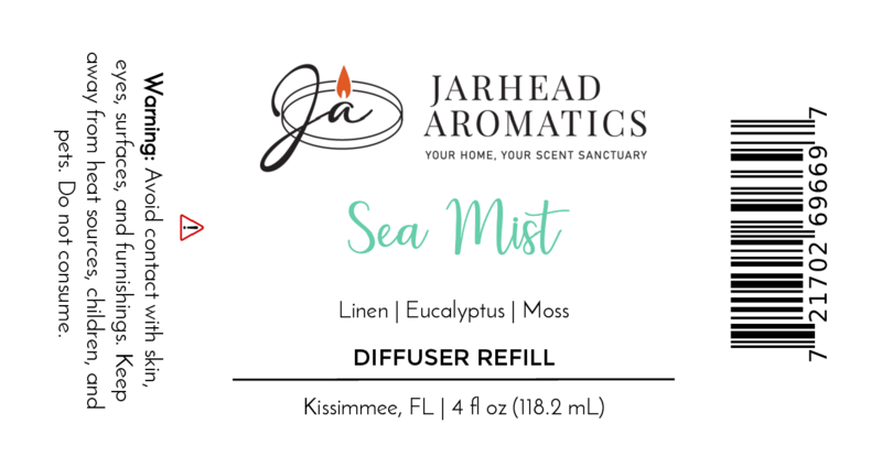Jarhead Aromatics Sea Mist Diffuser Refill label displays ozone, sea salt, and linen fragrance. Warning: avoid skin/eye contact. 4 fl oz, barcode included. Made in Kissimmee, FL.