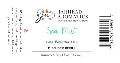 Jarhead Aromatics Sea Mist Diffuser Refill label displays ozone, sea salt, and linen fragrance. Warning: avoid skin/eye contact. 4 fl oz, barcode included. Made in Kissimmee, FL.