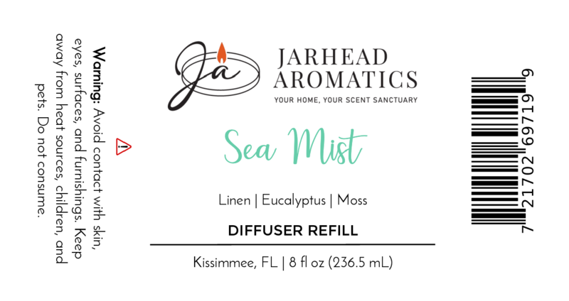 Jarhead Aromatics Sea Mist Diffuser Refill | Ozone, sea salt & linen fragrance. Warning: Avoid skin contact; keep from children and pets. 8 fl oz (236.5 mL).