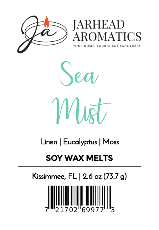 Product label for Jarhead Aromatics Sea Mist Soy Wax Melt | Clean Linen & Sea Salt Spa Wax Melts. Features a spa-inspired scent, company logo, Kissimmee, FL location, net weight 2.6 oz/73.7 g, and barcode.