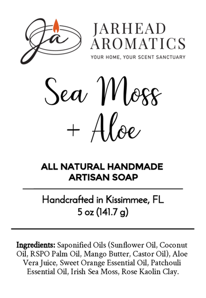 Jarhead Aromatics Sea Moss + Aloe Handmade Artisan Soap—All Natural. Made in Kissimmee, FL with sunflower oil, coconut oil, aloe vera soap blend, sweet orange oil, patchouli, sea moss & rose kaolin clay.