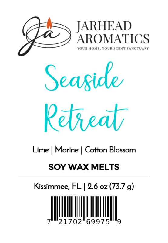 Jarhead Aromatics Seaside Retreat Soy Wax Melt | Fresh Coastal Citrus & Ocean Breeze Wax Melts. Features a coastal lime, marine, and cotton blossom scent. Long-lasting fragrance. 2.6 oz, Kissimmee, FL. Barcode at bottom of label.