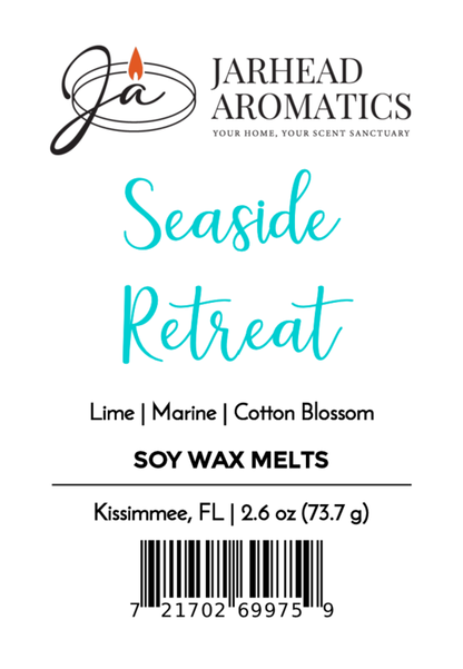 Jarhead Aromatics Seaside Retreat Soy Wax Melt | Fresh Coastal Citrus & Ocean Breeze Wax Melts. Features a coastal lime, marine, and cotton blossom scent. Long-lasting fragrance. 2.6 oz, Kissimmee, FL. Barcode at bottom of label.