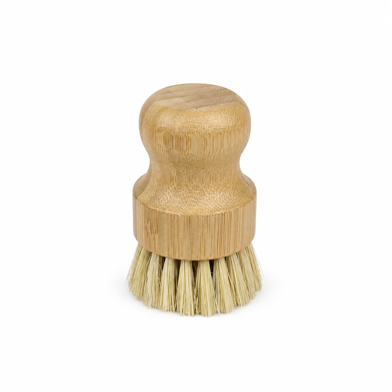 The Jarhead Aromatics Bamboo Handle Sisal Fiber Palm Scrubber Brush is a natural kitchen dish and produce cleaning brush featuring a comfortable round bamboo handle and stiff sisal fiber bristles, making it perfect for scrubbing dishes or surfaces. This eco-friendly scrub brush is displayed against a plain white background.