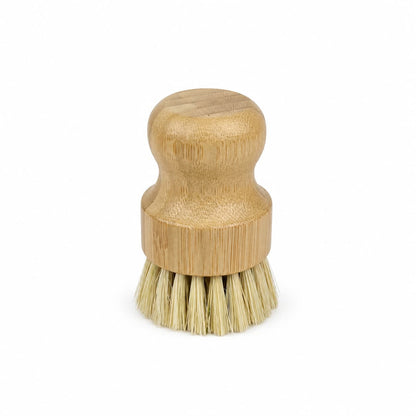 The Jarhead Aromatics Bamboo Handle Sisal Fiber Palm Scrubber Brush is a natural kitchen dish and produce cleaning brush featuring a comfortable round bamboo handle and stiff sisal fiber bristles, making it perfect for scrubbing dishes or surfaces. This eco-friendly scrub brush is displayed against a plain white background.