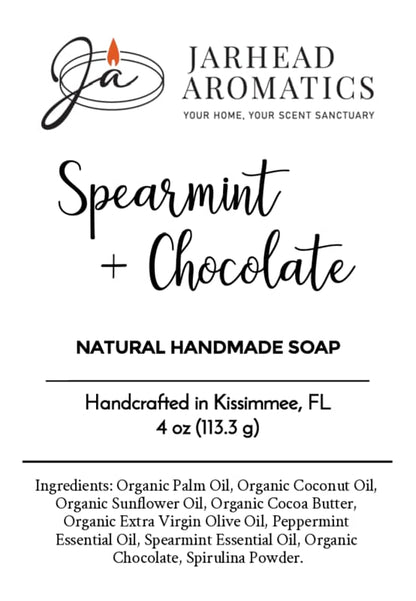 Product label for Jarhead Aromatics Spearmint + Chocolate Natural Handmade Soap, listing ingredients including organic oils, cocoa butter, peppermint and spearmint essential oils, and chocolate for this artisan soap.