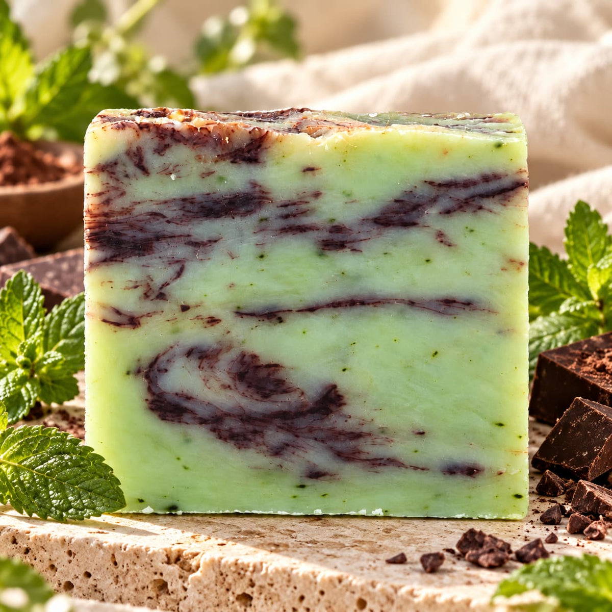 A rectangular Spearmint + Chocolate Natural Handmade Soap bar featuring pale green swirls with dark brown streaks, surrounded by fresh mint leaves and pieces of dark chocolate.