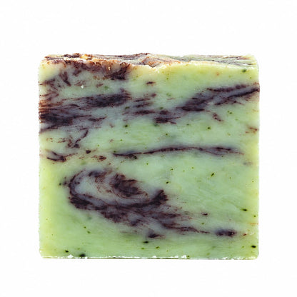 Square bar of Spearmint + Chocolate Natural Handmade Soap with a pale green base and dark brown swirls.