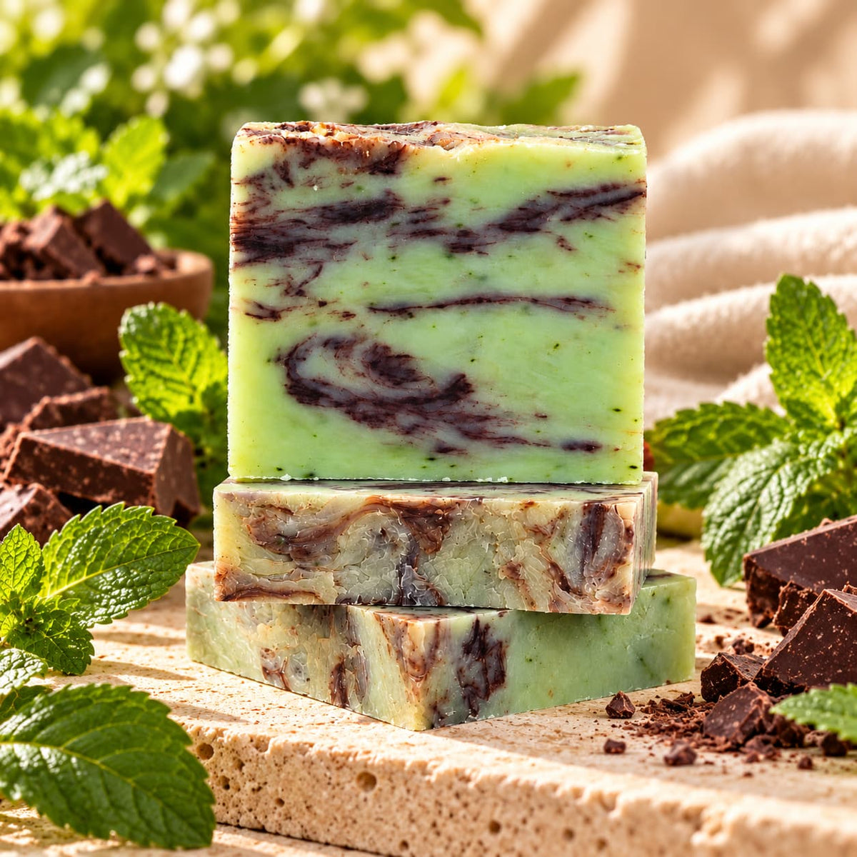 Three stacked bars of Jarhead Aromatics Spearmint + Chocolate Natural Handmade Soap with light green tones and dark brown swirls, surrounded by fresh mint leaves and pieces of dark chocolate.