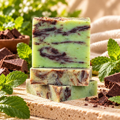 Three stacked bars of Jarhead Aromatics Spearmint + Chocolate Natural Handmade Soap with light green tones and dark brown swirls, surrounded by fresh mint leaves and pieces of dark chocolate.