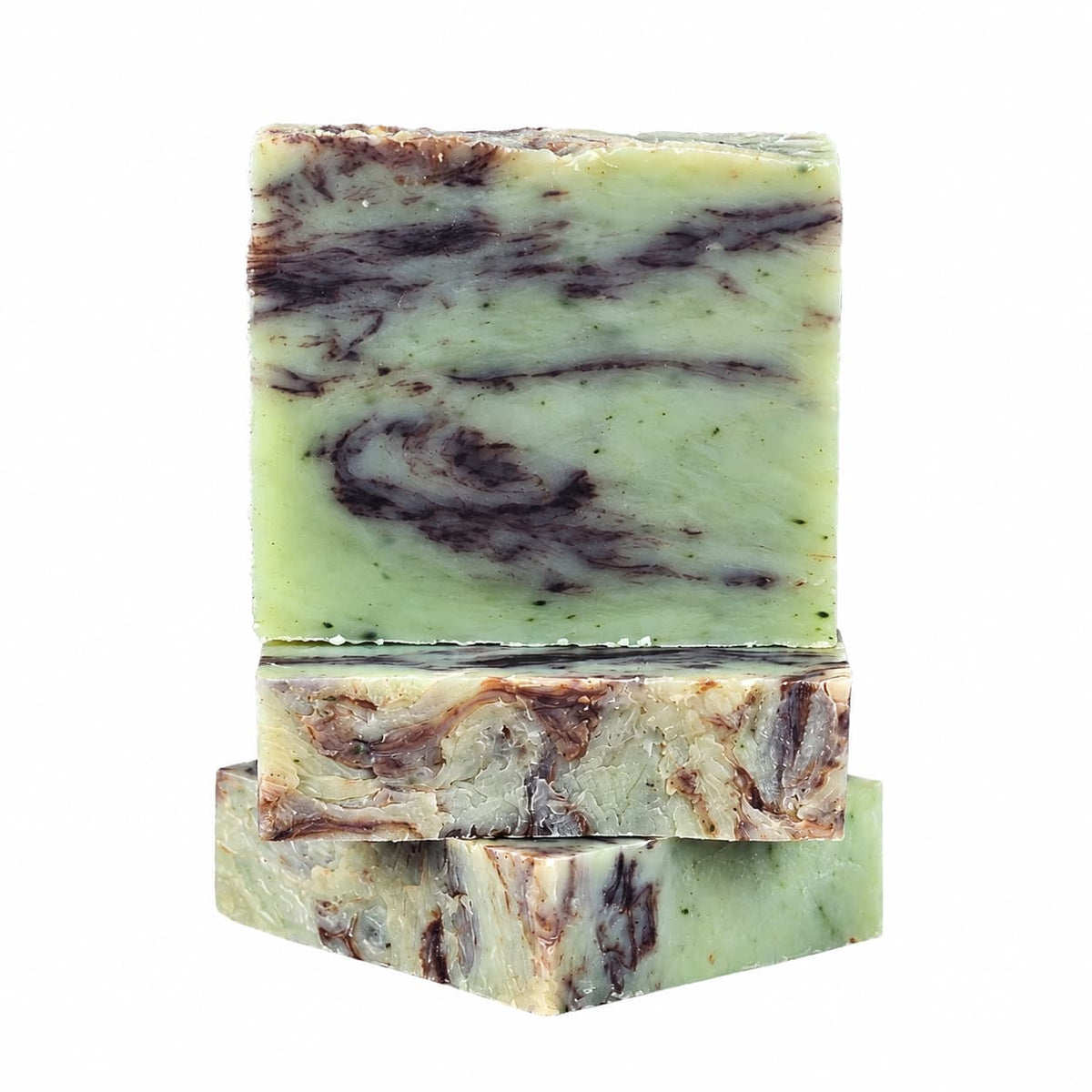 Three stacked bars of Spearmint + Chocolate Natural Handmade Soap with a light green base and dark brown swirls.