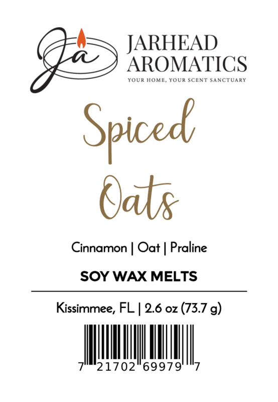 Jarhead Aromatics Spiced Oats Soy Wax Melt | Warm Oatmeal Brown Sugar fragrance with cinnamon, oat, and praline notes. Includes logo, barcode, and details: Kissimmee, FL, 2.6 oz (73.7 g) soy wax melts.
