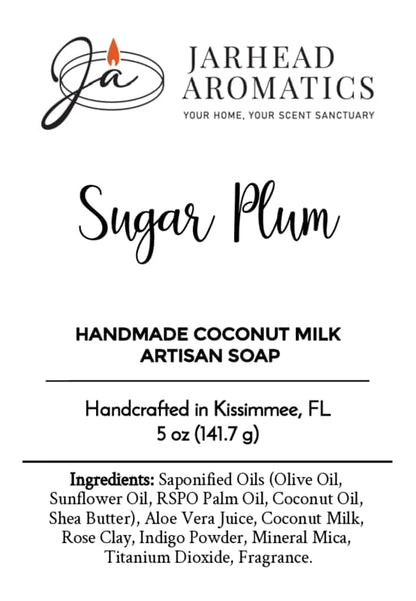 Product label for Sugar Plum Handmade Coconut Milk Artisan Soap by Jarhead Aromatics, listing the soap’s handcrafted location, weight, and full ingredient list.