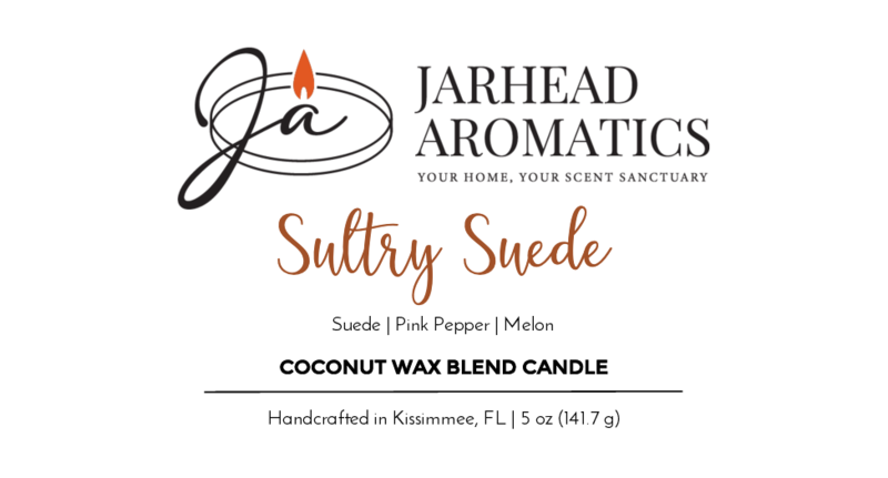 Label for Jarhead Aromatics’ Sultry Suede Coconut Wax Blend Candle (5 oz/141.7 g), featuring suede, tobacco, and fruit notes; handcrafted in Kissimmee, FL.