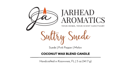 Label for Jarhead Aromatics’ Sultry Suede Coconut Wax Blend Candle (5 oz/141.7 g), featuring suede, tobacco, and fruit notes; handcrafted in Kissimmee, FL.