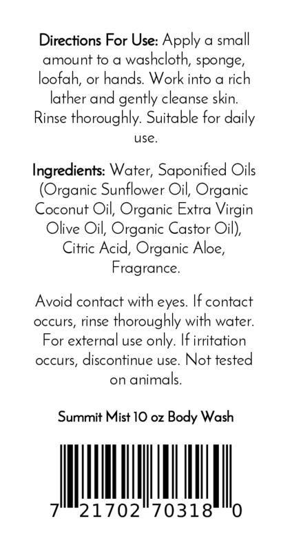 Instructions, ingredients, and warnings for Jarhead Aromatics Summit Mist Handmade Body Wash | Moisturizing Body Wash with Organic Aloe & Plant-Based Oils 10 oz, including directions, natural ingredient list, safety cautions, and barcode at the bottom.