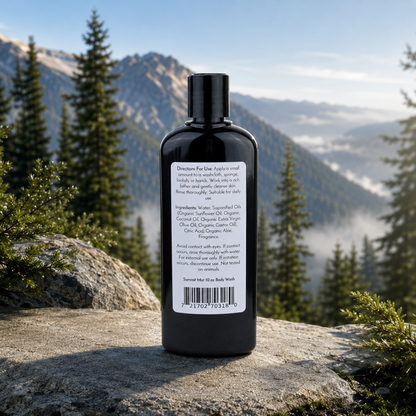 A black bottle of Jarhead Aromatics Summit Mist Handmade Body Wash with organic aloe and plant-based oils sits on a log outdoors. Its white label displays directions, ingredients, and a barcode amid pine trees and distant mountains.