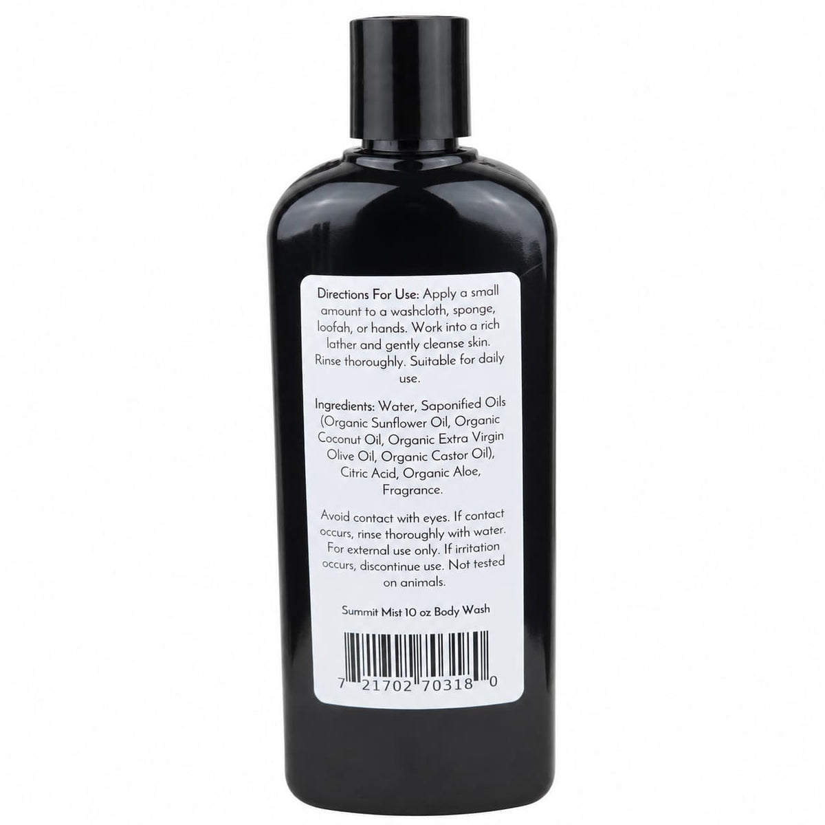A black bottle of Summit Mist Handmade Body Wash by Jarhead Aromatics stands upright against a white background. The moisturizing body wash, formulated with organic aloe and plant-based oils, comes in a bottle with a flip-top cap and features a white label displaying directions for use, an ingredients list, and a barcode.