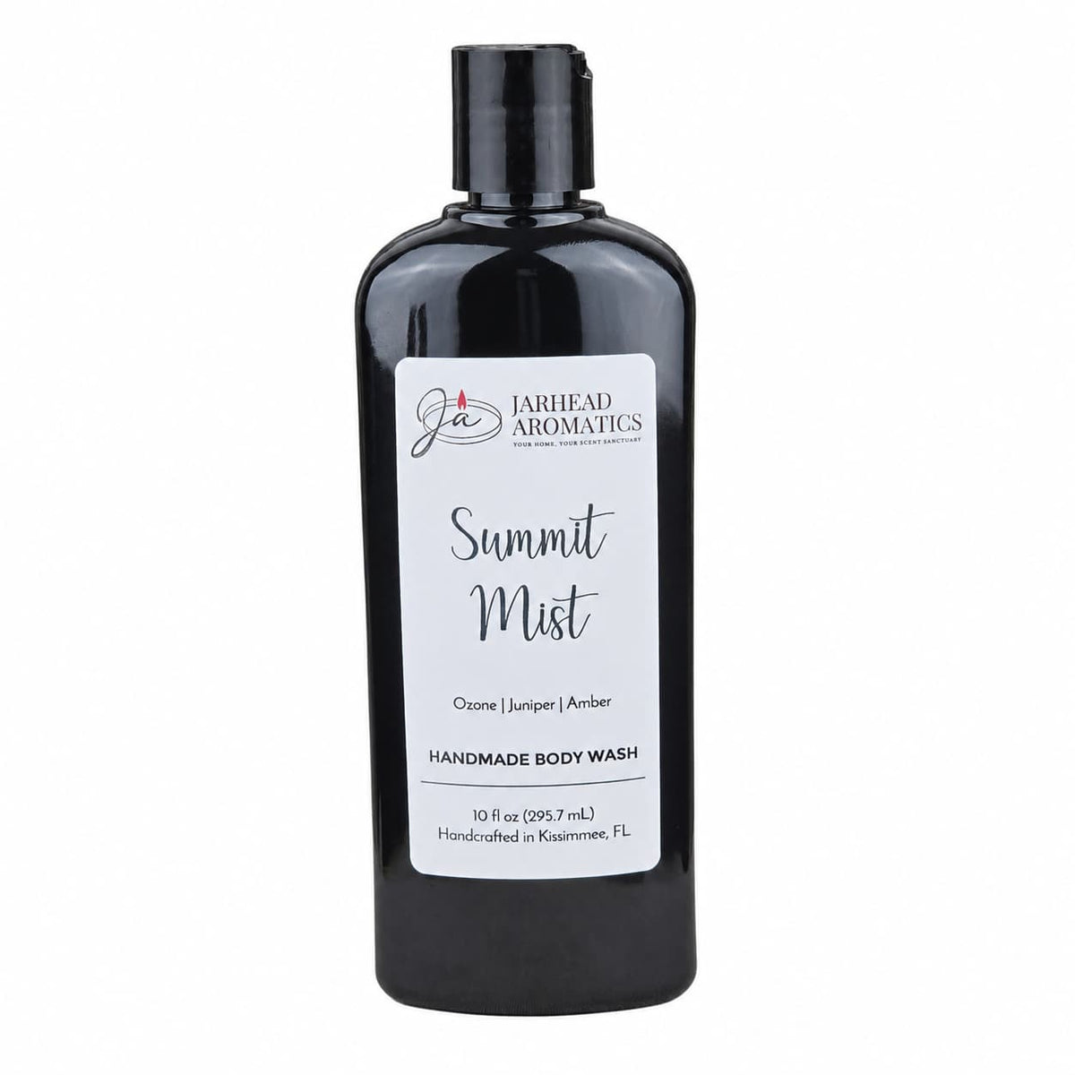 A black bottle of Jarhead Aromatics Summit Mist Handmade Body Wash, featuring scents of ozone, juniper, and amber. This 10 fl oz moisturizing wash is crafted with organic aloe and plant-based oils in Kasimere, FL.