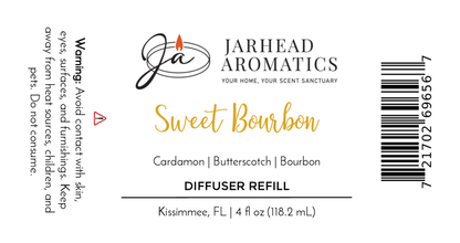 The Jarhead Aromatics Sweet Bourbon Diffuser Refill label showcases a rich blend of bourbon, brown sugar, and oak. Label includes aroma warning text, barcode, logo, and 4 fl oz (118.2 mL) product size.