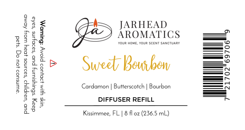 Jarhead Aromatics Sweet Bourbon Diffuser Refill | Bourbon, Brown Sugar & Oak fragrance. Size: 8 fl oz (236.5 mL). Warning: avoid contact. Barcode on right side. Perfect for a warm home aroma.