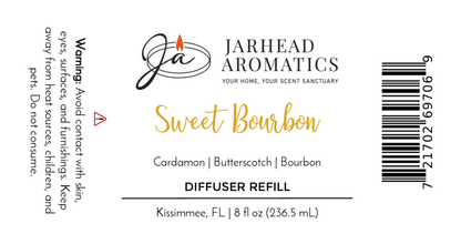 Jarhead Aromatics Sweet Bourbon Diffuser Refill | Bourbon, Brown Sugar & Oak fragrance. Size: 8 fl oz (236.5 mL). Warning: avoid contact. Barcode on right side. Perfect for a warm home aroma.