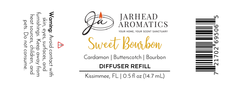 Jarhead Aromatics Sweet Bourbon Cold Air Diffuser Refill—Bourbon & Brown Sugar luxury oil blend. Features cardamom, butterscotch, and bourbon notes. Warning: avoid skin/eye contact. Barcode displayed on right.