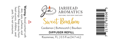 Jarhead Aromatics Sweet Bourbon Cold Air Diffuser Refill—Bourbon & Brown Sugar luxury oil blend. Features cardamom, butterscotch, and bourbon notes. Warning: avoid skin/eye contact. Barcode displayed on right.