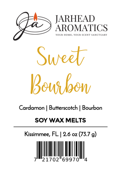 Jarhead Aromatics Sweet Bourbon Soy Wax Melt label, with logo, barcode, Kissimmee (FL), weight, and scent notes of cardamom, warm butterscotch & bourbon. Premium bourbon-scented soy wax melt.