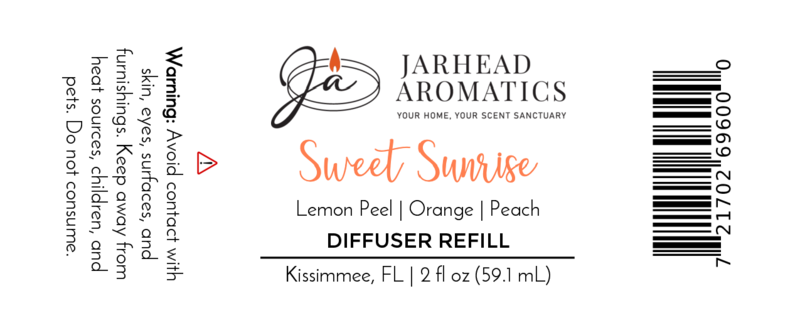 Jarhead Aromatics Sweet Sunrise Diffuser Refill | Citrus, agave & peach home fragrance oil refill. Includes warning text and barcode. Perfect for home fragrance. Size: 2 fl oz (59.1 mL).