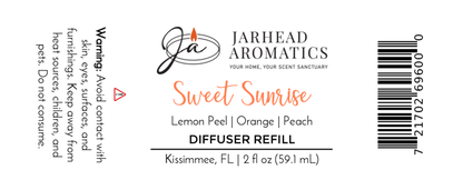 Jarhead Aromatics Sweet Sunrise Diffuser Refill | Citrus, agave & peach home fragrance oil refill. Includes warning text and barcode. Perfect for home fragrance. Size: 2 fl oz (59.1 mL).