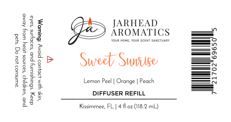 Jarhead Aromatics Sweet Sunrise Diffuser Refill—citrus, agave & peach home fragrance oil refill. 4 fl oz. Made in Kissimmee, FL. Includes barcode and warning text.