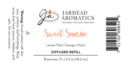 Jarhead Aromatics Sweet Sunrise Diffuser Refill—citrus, agave & peach home fragrance oil refill. 4 fl oz. Made in Kissimmee, FL. Includes barcode and warning text.