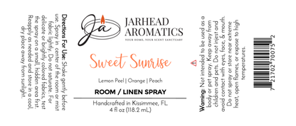 White label for Jarhead Aromatics' Sweet Sunrise Room & Linen Spray | Citrus, Peach & Agave Home Fragrance. Features directions, warnings, product info, flame logo, and handwritten-style scent name.
