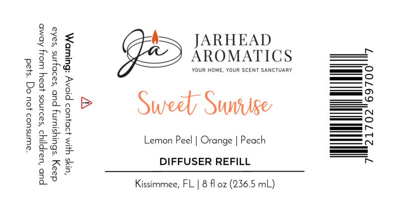 Jarhead Aromatics Sweet Sunrise Diffuser Refill | Citrus, Agave & Peach Home Fragrance Oil Refill with warning, barcode, and company based in Kissimmee, FL.