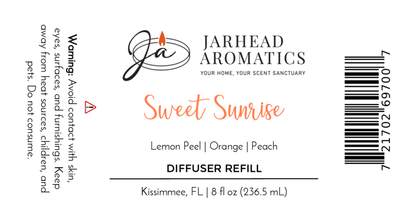 Jarhead Aromatics Sweet Sunrise Diffuser Refill | Citrus, Agave & Peach Home Fragrance Oil Refill with warning, barcode, and company based in Kissimmee, FL.