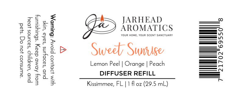 Jarhead Aromatics Sweet Sunrise Car Diffuser Refill | Bright Citrus & Peach Car Air Freshener: Features lemon peel, orange, and peach for a lasting fragrance. 1 fl oz (29.5 mL). Made in Kissimmee, FL. Includes safety info and barcode.