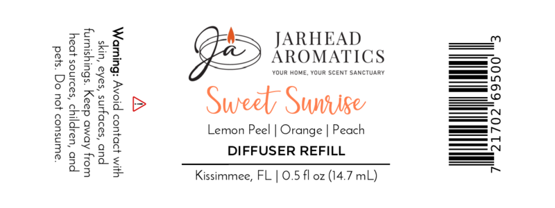 Jarhead Aromatics Sweet Sunrise Cold Air Diffuser Refill—citrus & peach notes of lemon peel, orange, and peach. Long-lasting scent. 0.5 fl oz (14.7 mL). Includes warning & barcode. Made in Kissimmee, FL.