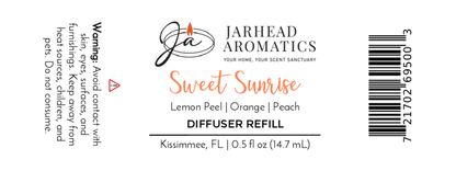 Jarhead Aromatics Sweet Sunrise Cold Air Diffuser Refill—citrus & peach notes of lemon peel, orange, and peach. Long-lasting scent. 0.5 fl oz (14.7 mL). Includes warning & barcode. Made in Kissimmee, FL.